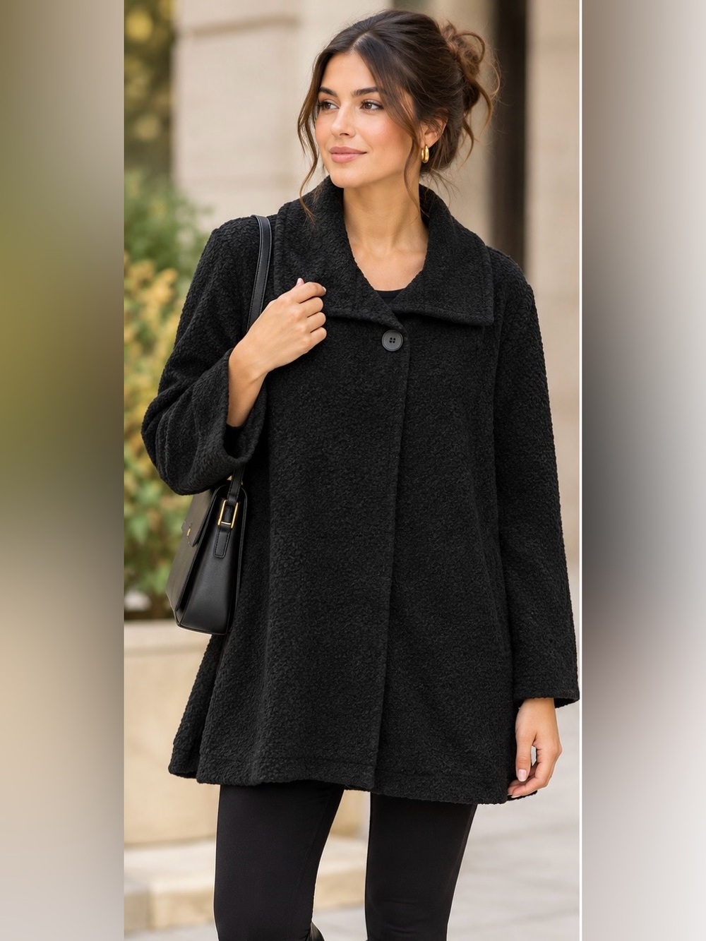 Eileen Fisher Black Portrait Collar Coat Jacket SizeM Fall Luxury Minimalist
